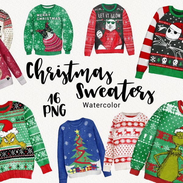 Clipart de pull de Noël, Vêtements d’hiver à l’aquarelle, laid, grinch, sweat-shirts houx mignons, planificateur, scrapbooking, téléchargement instantané PNG