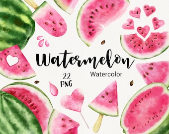 Watercolor Watermelon Clipart, Fruit tropical summer fruit clip art PNG, Digital scrapbook, sublimation design, planner graphic set, DIY