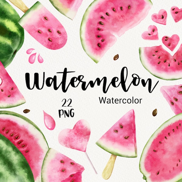 Watercolor Watermelon Clipart, Fruit tropical summer fruit clip art PNG, Digital scrapbook, sublimation design, planner graphic set, DIY