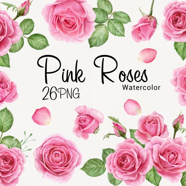 Watercolor Pink Roses Clipart, Valentine's day flower Clip art, Vintage bouquet, Floral arrangements Wedding Invitation Instant Download PNG