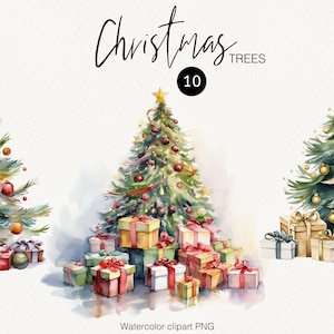 Clipart albero di Natale ad acquerello, vacanze invernali accoglienti, albero di Natale con regali, rustico, decorato, download istantaneo, PNG per uso commerciale