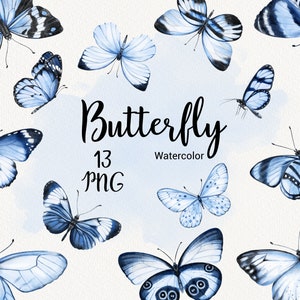 Clipart motyla akwarelowego, niebieski motyl, letnia grafika wektorowa, zaproszenie ślubne, scrapbooking, zestaw projektów sublimacji Natychmiastowe pobieranie PNG