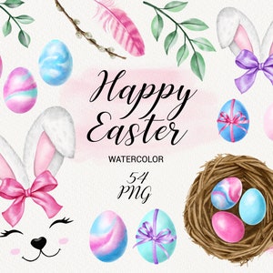 Clipart de Pâques aquarelle, oreilles de lapin mignon, oeufs de Pâques, clipart de vacances de printemps, nid et décor floral, carte de Joyeuses Pâques faisant ensemble PNG