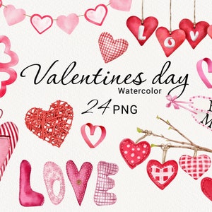 Clipart del día de San Valentín, Acuarela Love Clip Art, Árbol con corazones rojos, Lindo rosa Decoración romántica, Imágenes prediseñadas para bodas, descarga instantánea, PNG