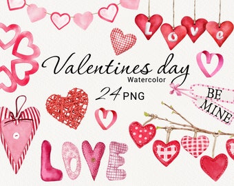 Clipart de dia dos namorados, clipart de amor em aquarela, árvore com corações vermelhos, decoração romântica rosa fofa, clipart de casamento, download instantâneo, PNG
