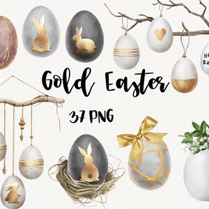 Imágenes Prediseñadas de Pascua de acuarela, imágenes prediseñadas de huevos de oro de vacaciones de primavera, huevo de pájaro, rama y un árbol con huevos, conejito de oro, decoración de Pascua, Scrapbook PNG
