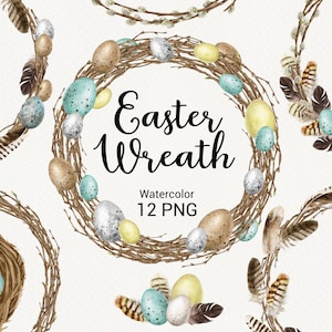 Buona Pasqua Clipart, Clipart Ghirlanda di Pasqua ad acquerello, Cornice geometrica primaverile, Piume, Uova, Ramo, creazione di carte, download istantaneo PNG