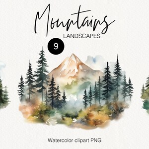 Aquarell Berg Clipart, Herbst Waldlandschaft, Berg Nebel druckbare Wald Hochzeitseinladungen, Reise-Poster Kommerzielle Nutzung PNG
