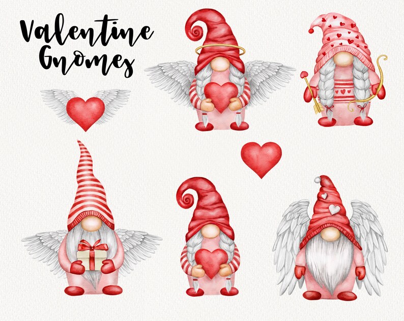 Valentine Day Gnomes Clipart, Watercolor Love Gnome and Red Heart Clip ...