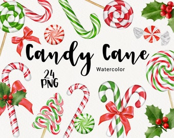 Watercolor Candy Cane Clipart, Christmas clip art, Xmas Sweets, Winter Holiday clipart, planner, scrapbooking, Instant Download PNG