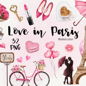 Clipart de dia dos namorados, aquarela Paris Love Clip Art, fofo romântico, clipart de casamento, viagem pela França, rosas, coração, download instantâneo, PNG