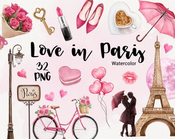 Clipart de dia dos namorados, aquarela Paris Love Clip Art, fofo romântico, clipart de casamento, viagem pela França, rosas, coração, download instantâneo, PNG