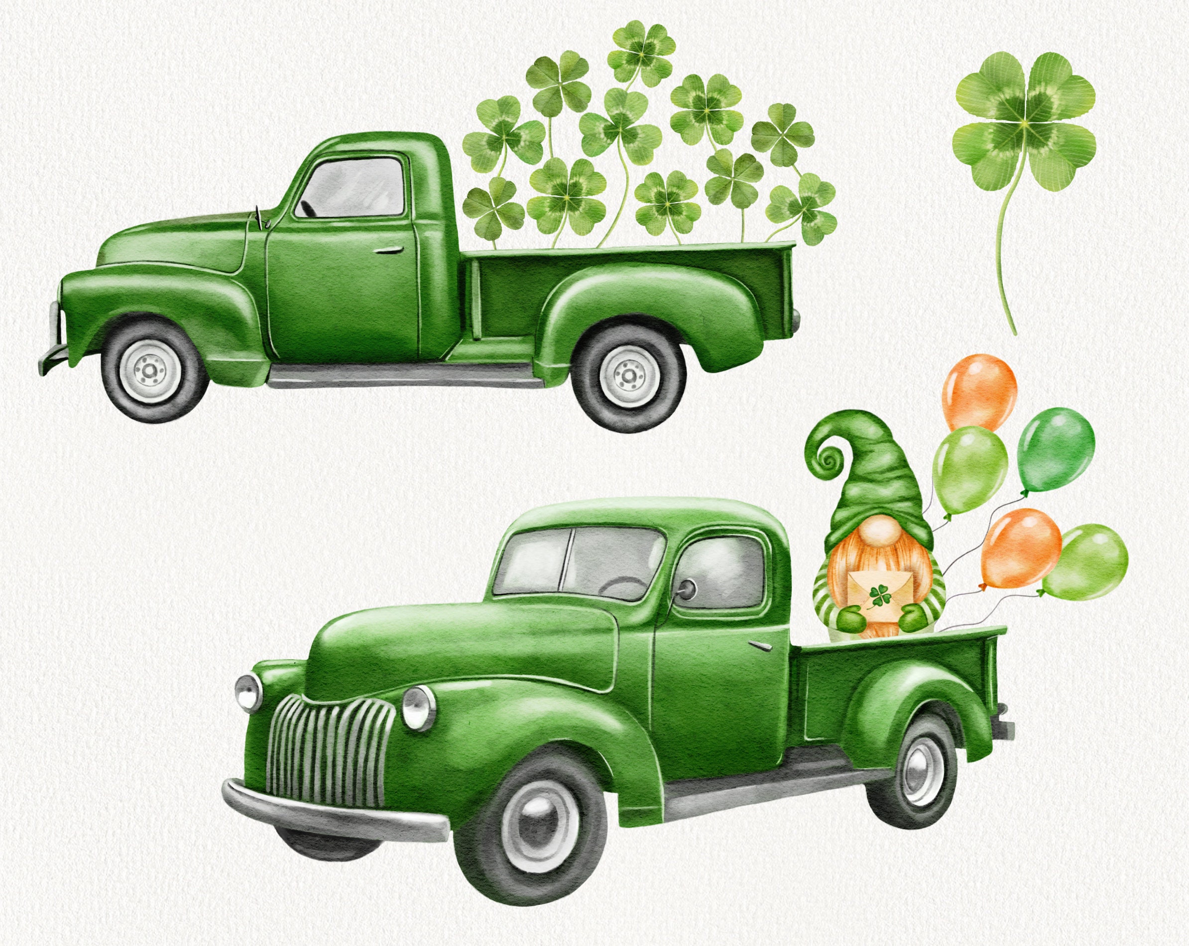 Watercolor St Patrick's Day Clipart, Vintage Green Truck, Cute Gnome ...