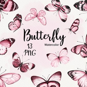 Akwarela Motyl Clipart, Różowy motyl, letnia grafika clipart, Zaproszenie na ślub, scrapbooking, zestaw projektów sublimacji Natychmiastowe pobieranie PNG