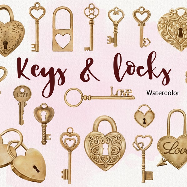 Valentine's day Clipart, Watercolor Heart Keys and locks clip art, Love, Romantic vintage, Wedding Invitation, Instant Download PNG