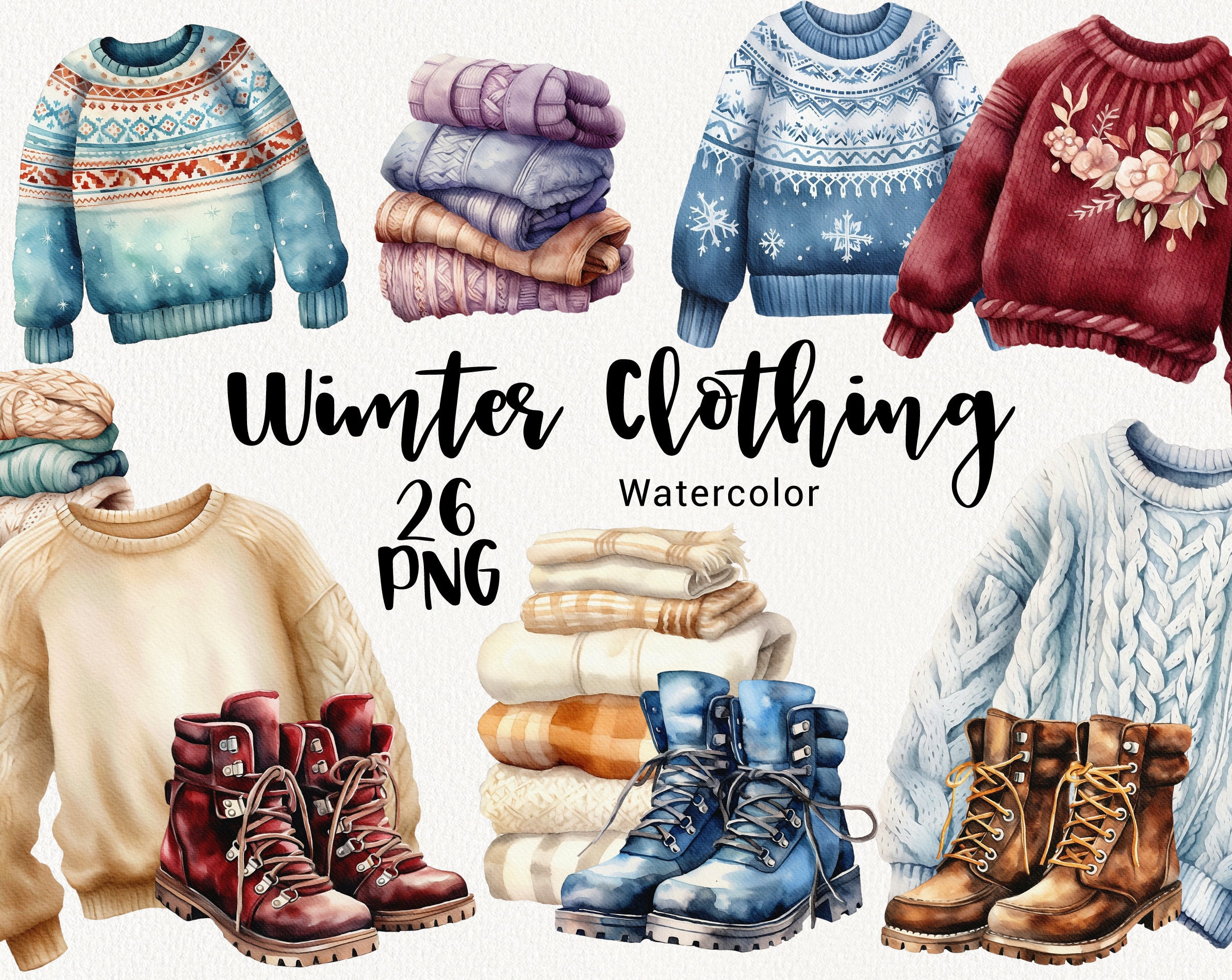Watercolor Winter Clipart, Cozy Winter Clothes, Ugly Christmas Sweaters, Fashion Outfit, Knitted Things, Warm Boots, Instant Download PNG