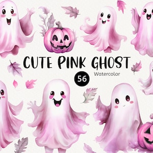 Acquerello Cute Pink Ghost clipart, Happy Halloween, Funny Pumpkin, Fall Autumn, Leaves, Spooky, Party invitation, Instant Download PNG