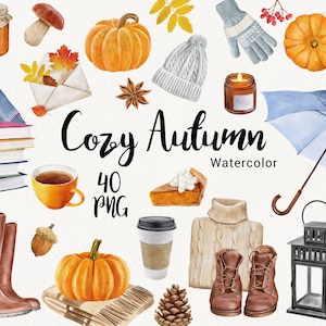 Watercolor Autumn Cozy Clipart, Clothes Coffee Pumpkin Candle Dried Leaves Book Umbrella, Fall Thanksgiving clip art, Instant Download PNG