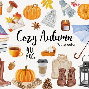 Watercolor Autumn Cozy Clipart, Clothes Coffee Pumpkin Candle Dried Leaves Book Umbrella, Fall Thanksgiving clip art, Instant Download PNG