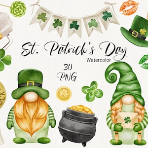Aquarel St. Patrick's Day Clipart, Gnome Clipart, Shamrock, Clover, Green Home Decor Clip Art, Ierse Sublimatie Graphics, Horseshoe, PNG