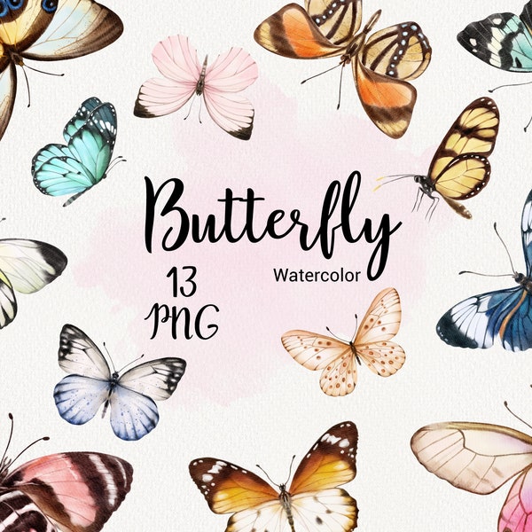 Watercolor Butterfly Clipart, summer clip art, romantic butterfly clip art, digital PNG, wedding ivitation, scrapbooking, planner set DIY