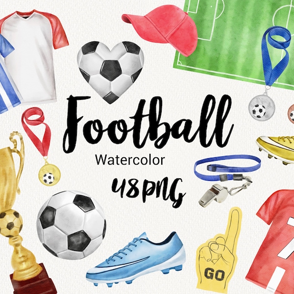 Aquarell Fußball Clipart, Kinder Sport Clip Art, Sport-T-Shirt, Auszeichnungen, Sportausrüstung, Ballstiefel, Fan-Attribute, digitaler Download PNG