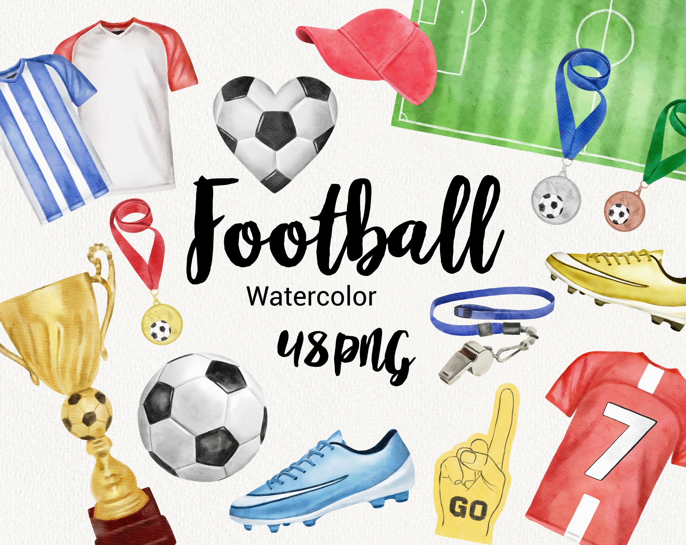 Watercolor Football clipart, Kids Sport clip art, Sport T-Shirt, Awards, Sports Equipment, Ball boots, Fan Attributes, digital download PNG