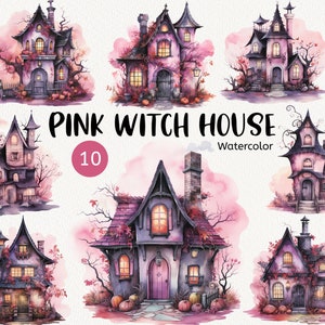 Szczęśliwego Halloween Clipart, Akwarela Ładny Różowy Dom Wiedźmy, dynia, Upiorny Jesienny jesienny clipart, Zaproszenie na imprezę Natychmiastowe pobieranie DIY PNG