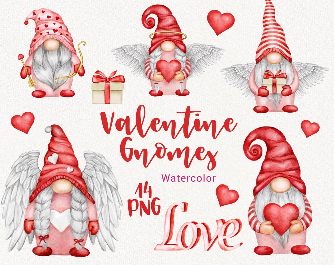 Valentine Day Gnomes Clipart, Watercolor Love Gnome and Red Heart Clip ...