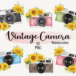 Floral Vintage Camera Clipart, Watercolor retro photo cameras with sunflowers clip art, Photography Digital Logo, sublimation design PNG