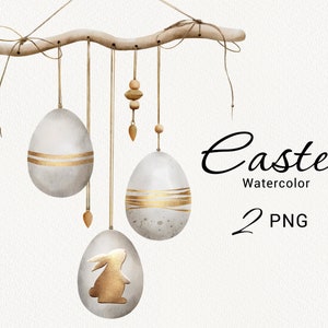 Clipart de Pâques à l’aquarelle, clipart d’oeufs d’or de vacances de printemps, oeuf d’oiseau, branche et arbre avec des oeufs de lapin d’or Decor de Pâques Utilisation commerciale PNG