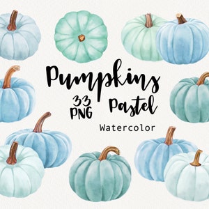 Pastell Kürbis Clipart, Aquarell süße Kürbisse blau, grüne Clip Art, BabyParty, Halloween, Geburtstagskartenherstellung, Sublimation PNG DIY