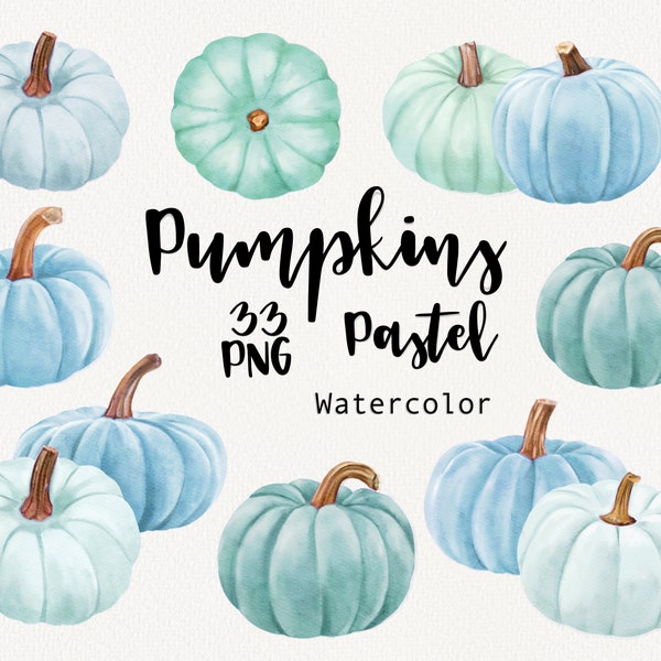 Pastel Pumpkin Clipart, Watercolor cute pumpkins blue, green clip art, Baby shower, halloween, birthday card making, sublimation PNG DIY