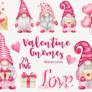 Clipart di gnomi di San Valentino, gnomi scandinavi ad acquerello e clip art di decorazioni romantiche rosa, biglietti di nozze, pianificatore, scrapbooking PNG