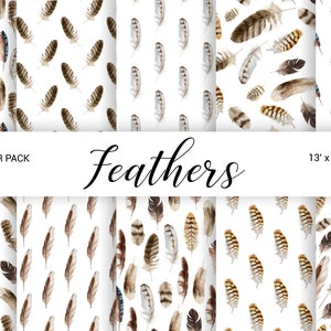 Pack de papier numérique Feather, Aquarelle Boho Scrapbook Seamless Paper Pack, Feather Background, Papier imprimable, Téléchargement numérique 13x13 JPG