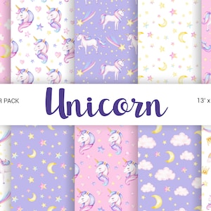 Watercolor Unicorns digital paper pack, Rainbow Unicorns, Clouds, Hearts, Stars, Crown, Seamless Pattern, Instant Download, 13x13 JPG