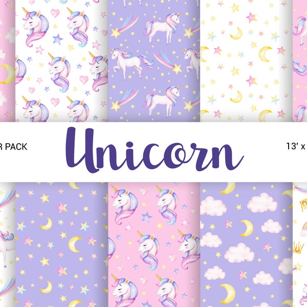 Watercolor Unicorns digital paper pack, Rainbow Unicorns, Clouds, Hearts, Stars, Crown, Seamless Pattern, Instant Download, 13x13 JPG