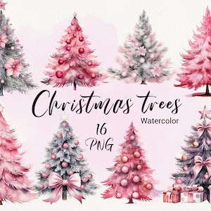 Clipart albero di Natale ad acquerello, alberi rosa carini, albero di Natale con regali, clip art invernale accogliente, scrapbooking PNG per pianificatore di design natalizio