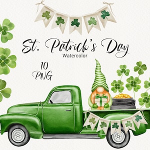 May include: A watercolour illustration for St. Patrick's Day. It features a green truck with a gnome, a pot of gold, and shamrocks. The image includes the text "St. Patrick's Day" and "10 PNG".