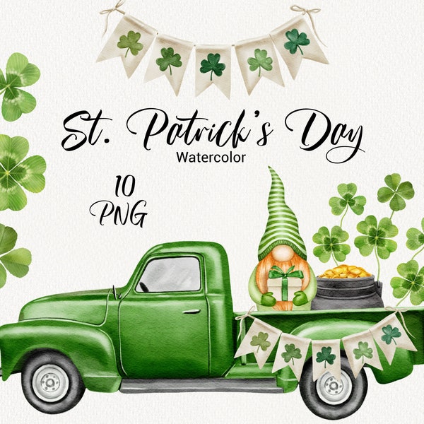 Watercolor St Patrick's Day clipart, Vintage Green Truck, Cute Gnome Lucky, clover clip art, Retro Trucks, instant download, digital PNG