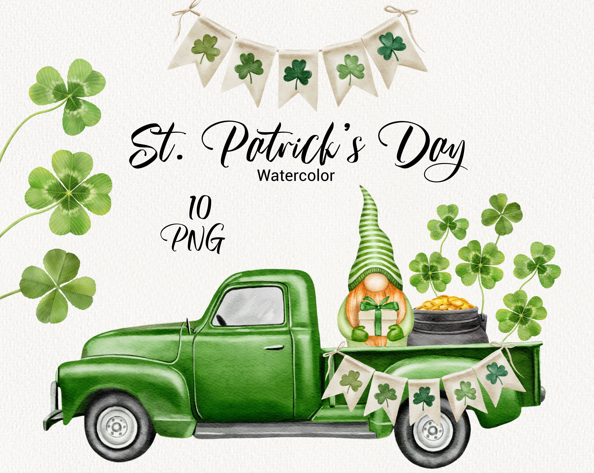 Watercolor St Patrick's Day Clipart, Vintage Green Truck, Cute Gnome ...