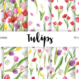 Tulpen Digitales Papier, Aquarell Frühlingsblumen Nahtloses Muster, Scrapbook Hintergrund, druckbares Papier Pack, Digitaler Download 13x13 JPG