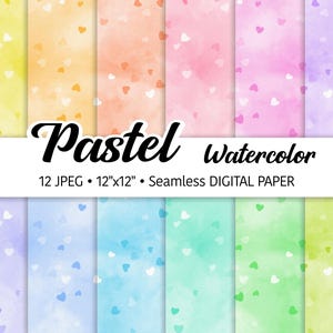 Paquet de papier numérique aquarelle coeur, fond amour pastel, Saint-Valentin, tons doux arc-en-ciel, imprimable, conception de papier scrapbooking JPEG