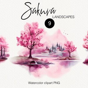 Aquarel Sakura clipart, Japans landschap, roze kersenbloesem bloemen, lente bomen bloemen, bruiloft uitnodiging, Instant Download PNG