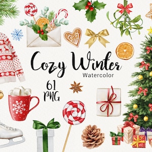 Aquarell Weihnachten Clipart, Winter gemütlich Urlaub ClipArt, Baum Geschenke, Tassen Zuckerstange, Süßigkeiten Lebkuchen, Mistel, Instant Download PNG