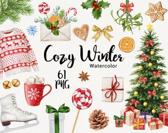 Watercolor Christmas clipart, Winter cozy Holiday Clip art, Tree Gifts, Cups Candy Cane, Sweets Gingerbread, Mistletoe, Instant Download PNG