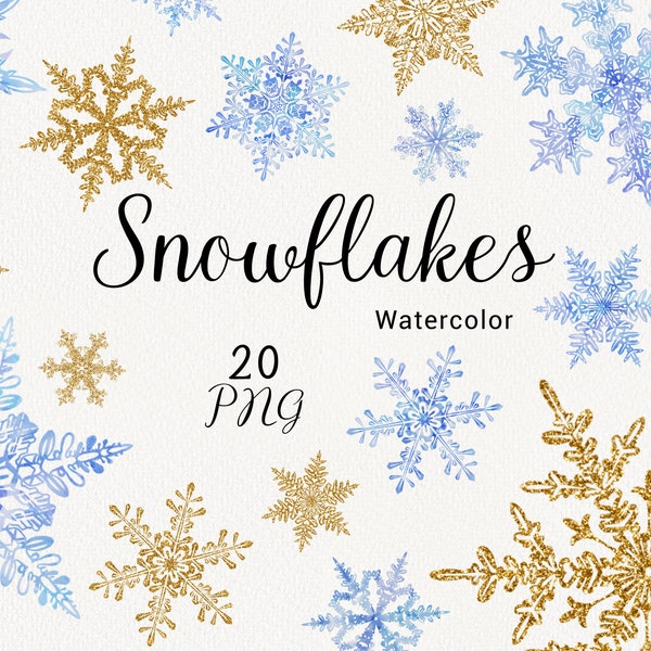 Aquarelle Flocons de neige Clipart, Clipart neige de Noël, Paillettes dorées enneigées, Décorations d’hiver des Fêtes, Flocon bleu, Invitation de mariage, PNG