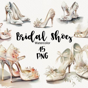 Clipart de tacones de boda de acuarela, clip art de novia, zapatos florales de mujer blancos, elementos de boda lindos, ilustración de moda, imprimible, PNG