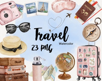 Watercolor Travel clipart, Fashion girl clip art, Summer Holiday, Tourism, Adventure, Bug, Airplane, Journey, Planner, Instant Download PNG
