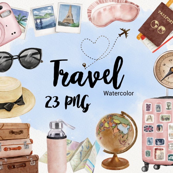 Aquarel reizen clipart, mode meisje illustraties, zomervakantie, toerisme, avontuur, bug, vliegtuig, reis, planner, Instant Download PNG